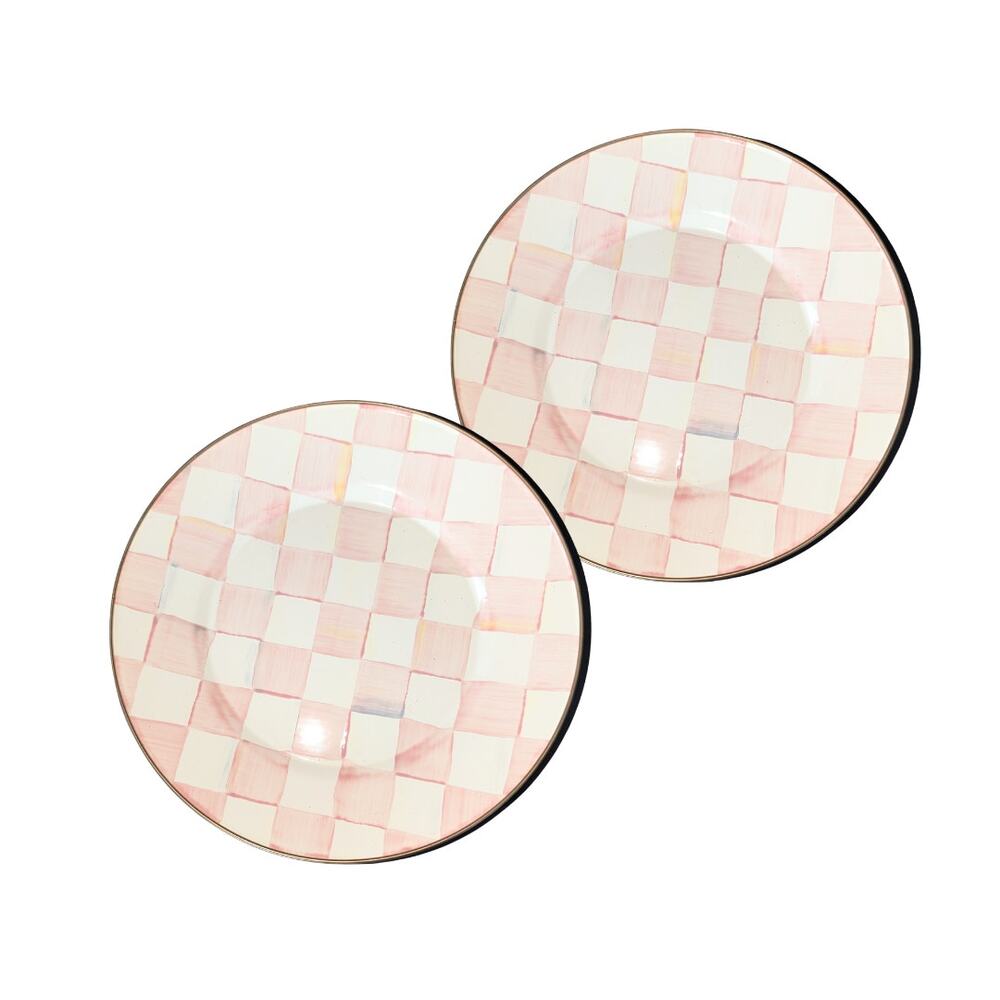 Mackenzie Childs Pink Rosy Check Enamel Dinner Plates 10” - Set of 2